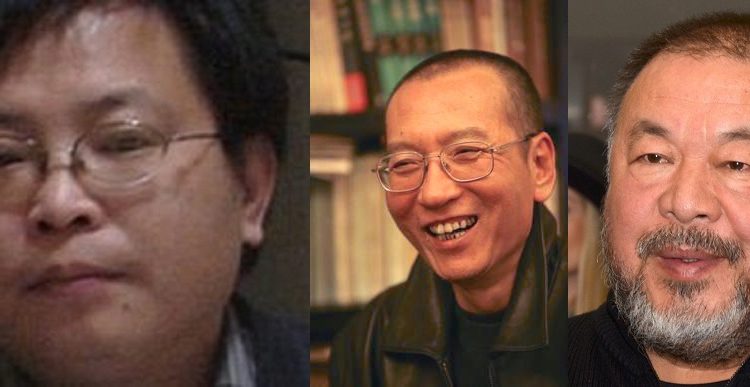 Chinese dissidents Chen Wei, Liu Xiaobo (1955-2017) and Ai Weiwei. Photo collage based on photos from Wikipedia articles (CC/Fair use).